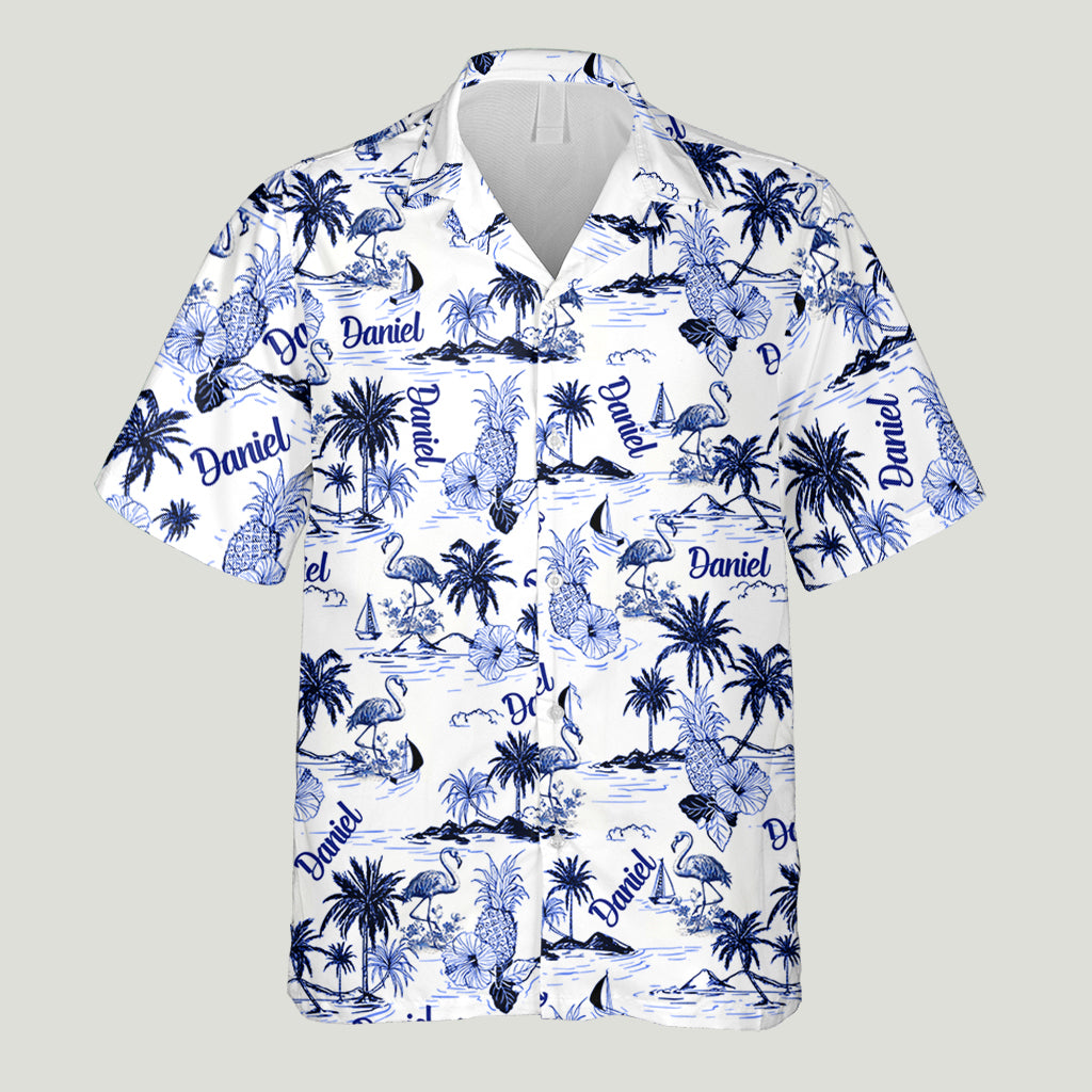 Chemise hawaïenne personnalisée à motif toile de Jouy flamant rose tropical - Chemise hawaïenne flamant rose