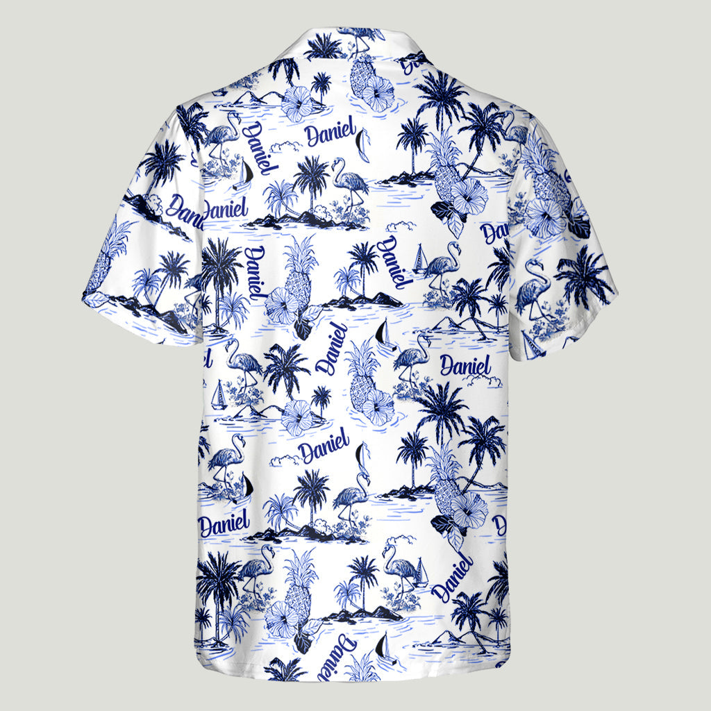 Chemise hawaïenne personnalisée à motif toile de Jouy flamant rose tropical - Chemise hawaïenne flamant rose