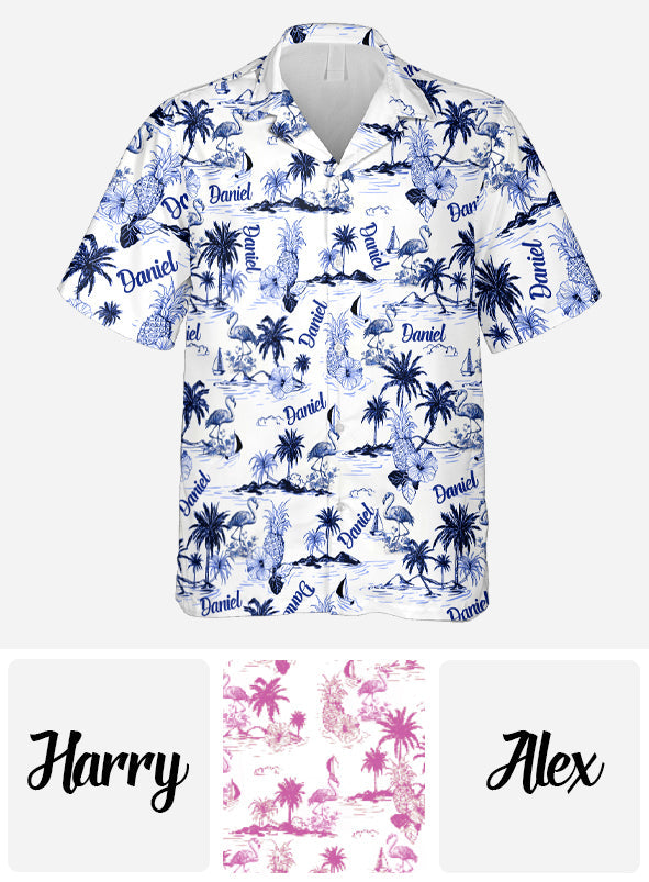 Chemise hawaïenne personnalisée à motif toile de Jouy flamant rose tropical - Chemise hawaïenne flamant rose