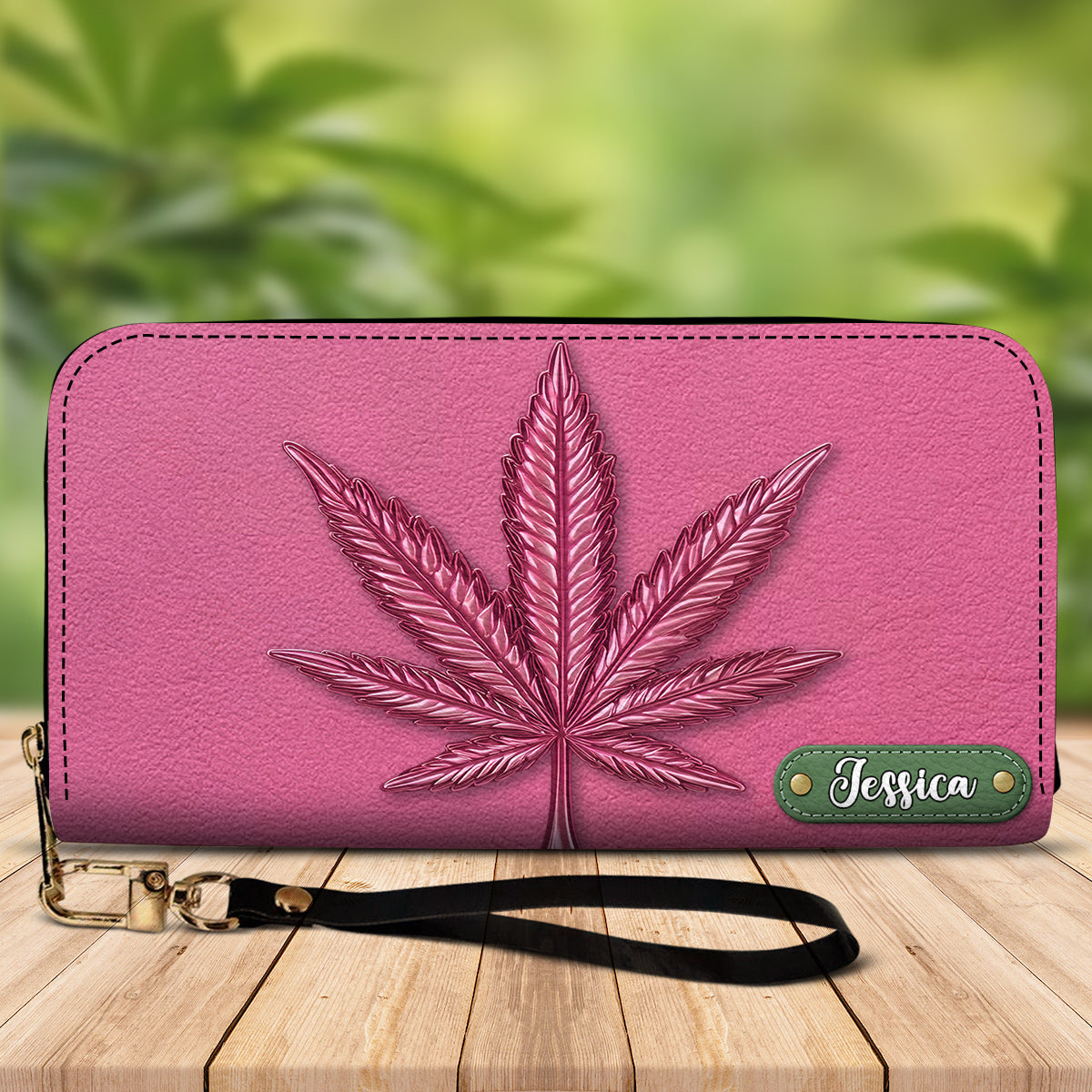 Portefeuille long en cuir rose chic et personnalisé - Motif cannabis