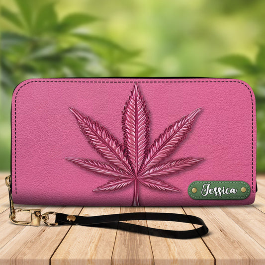 Portefeuille long en cuir rose chic et personnalisé - Motif cannabis