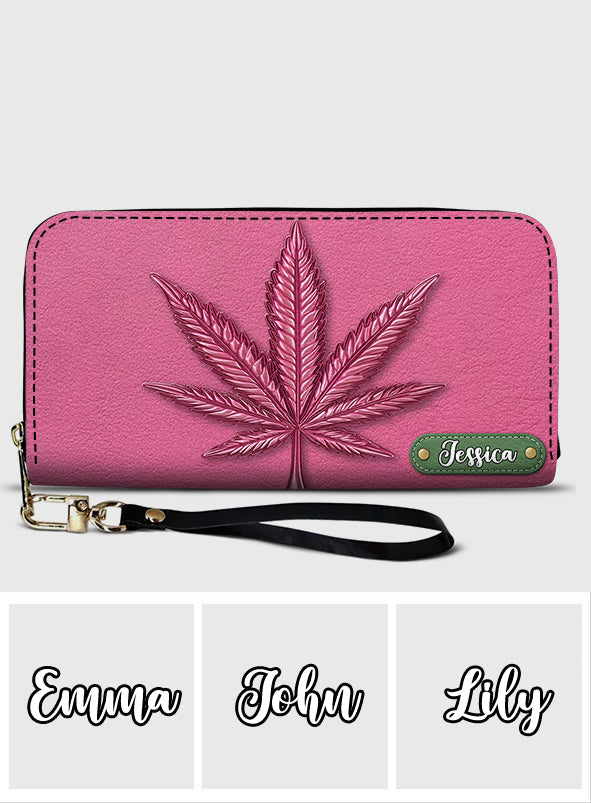 Portefeuille long en cuir rose chic et personnalisé - Motif cannabis