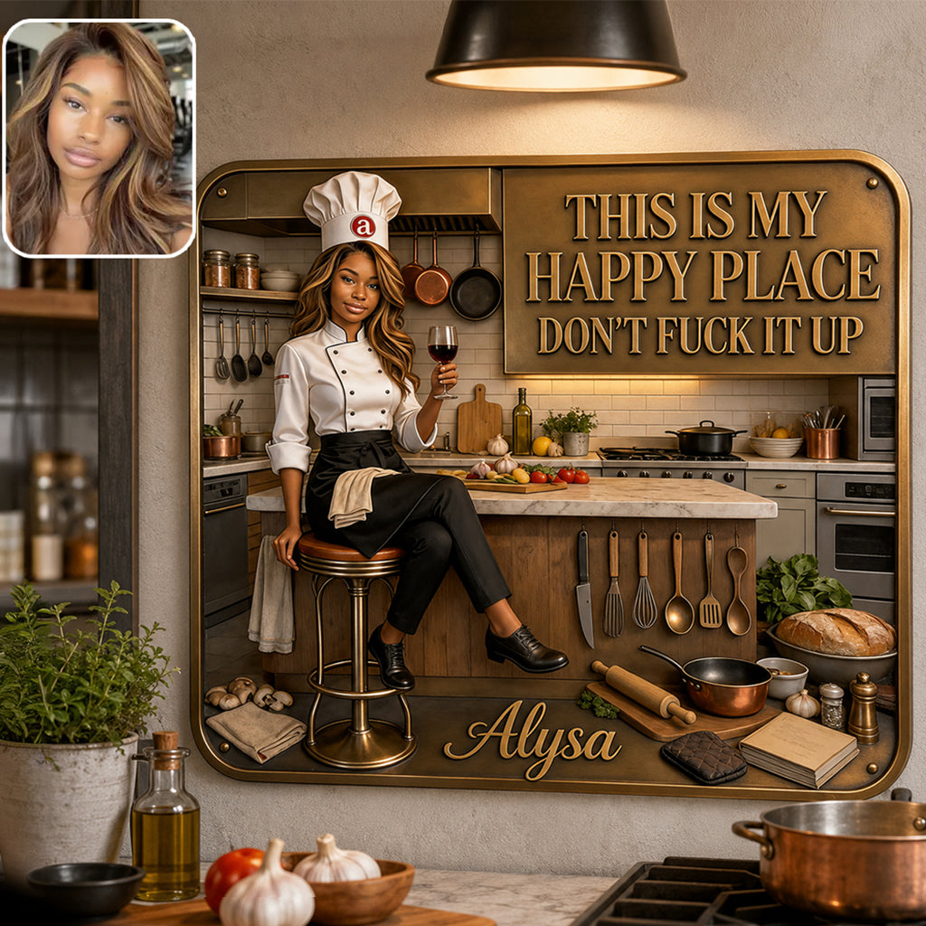 Kitchen Is My Happy Place - Personalized Cooking 3D Printed Cut Metal Sign