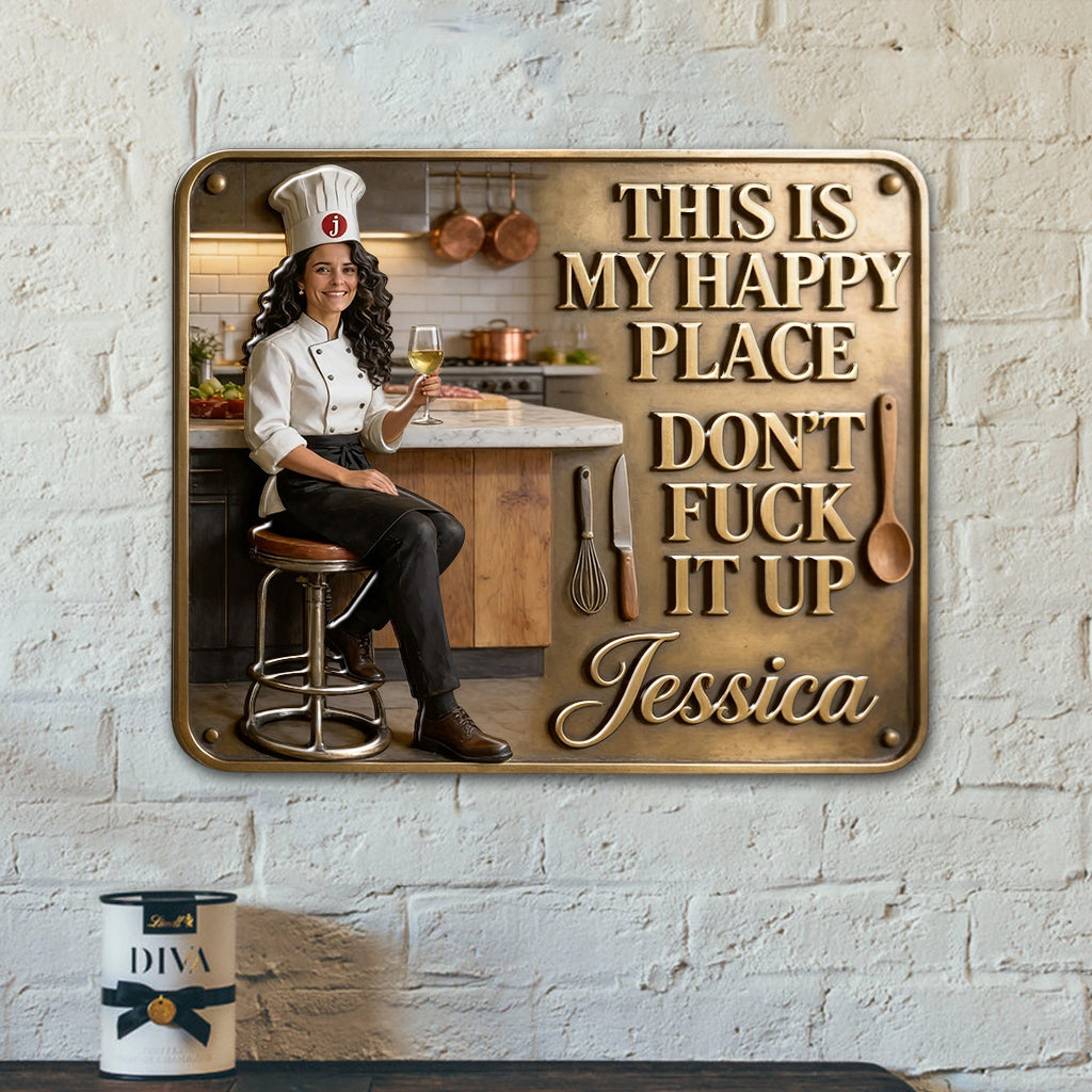 Kitchen Is My Happy Place - Personalized Cooking 3D Printed Cut Metal Sign