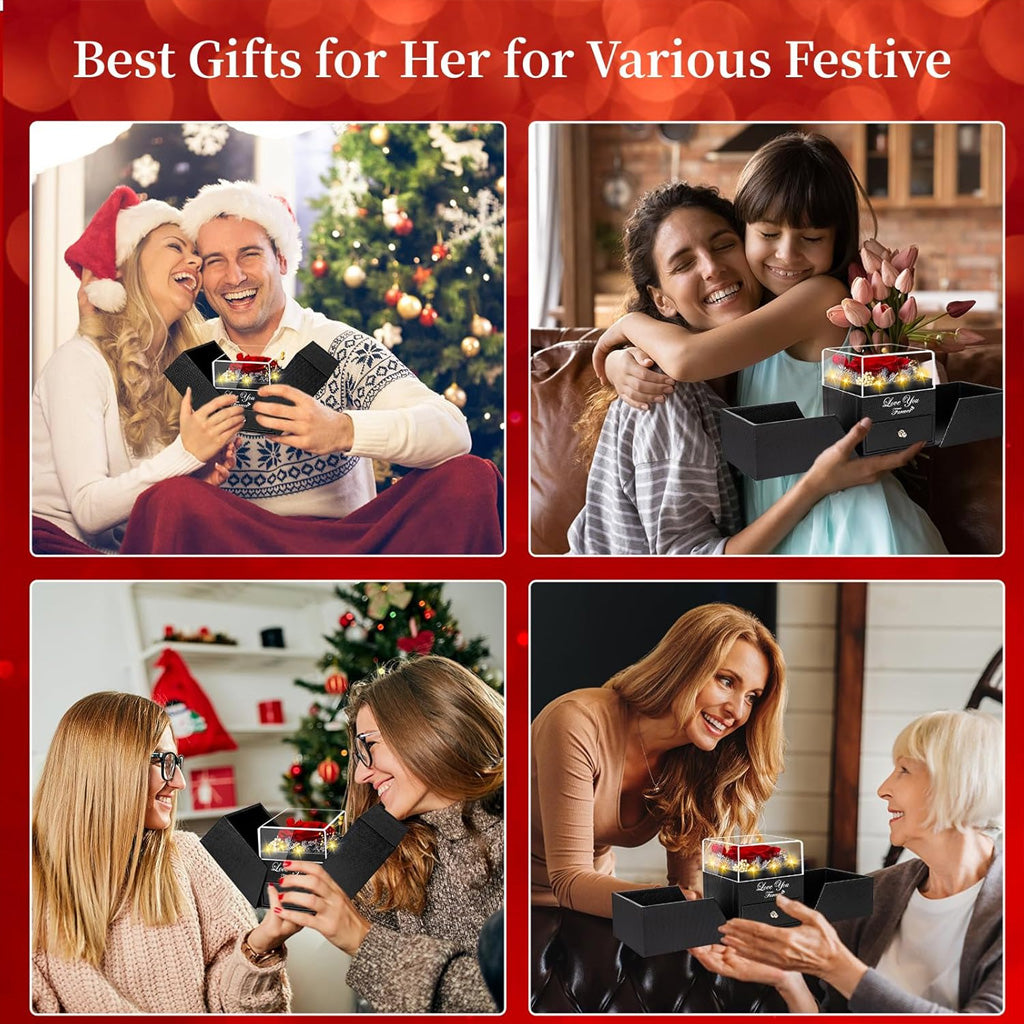 Collier avec une rose rouge véritable préservée et un cœur « Je t'aime »