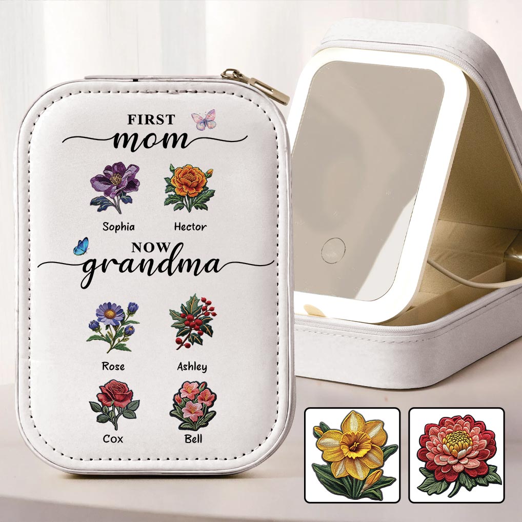 Première maman, maintenant grand-mère - Coffret à bijoux personnalisé pour grand-mère avec miroir LED