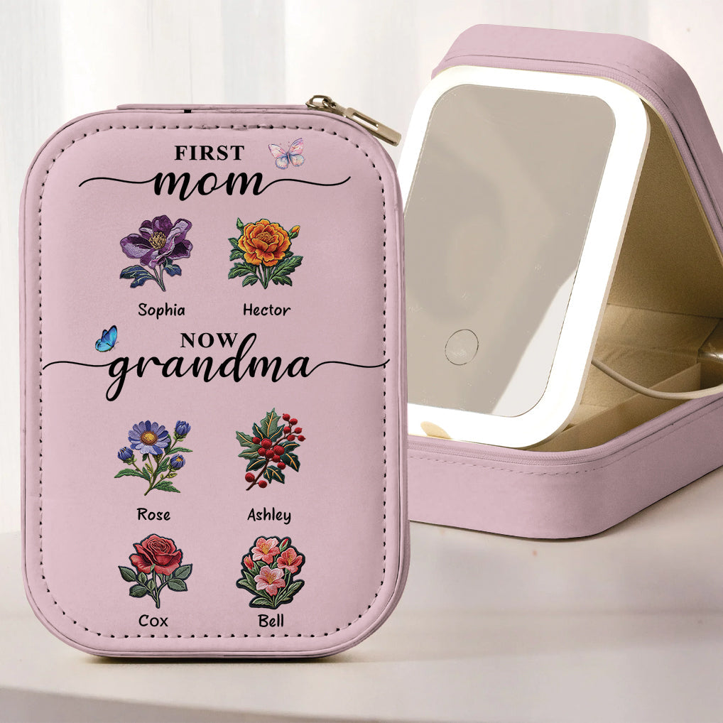Première maman, maintenant grand-mère - Coffret à bijoux personnalisé pour grand-mère avec miroir LED