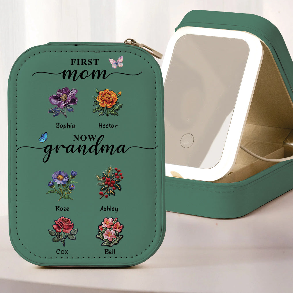 Première maman, maintenant grand-mère - Coffret à bijoux personnalisé pour grand-mère avec miroir LED