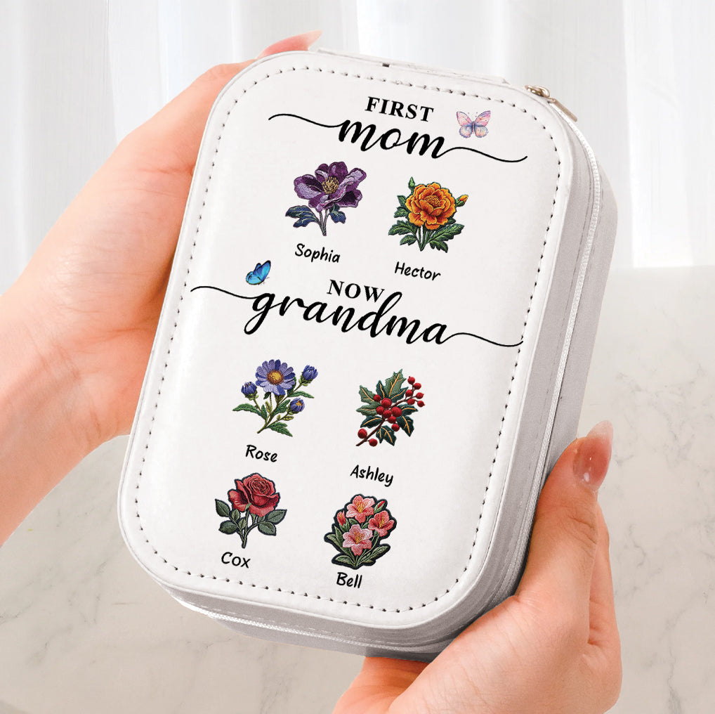 Première maman, maintenant grand-mère - Coffret à bijoux personnalisé pour grand-mère avec miroir LED