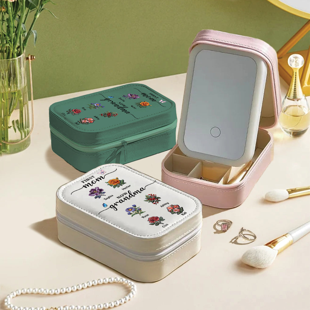 Première maman, maintenant grand-mère - Coffret à bijoux personnalisé pour grand-mère avec miroir LED