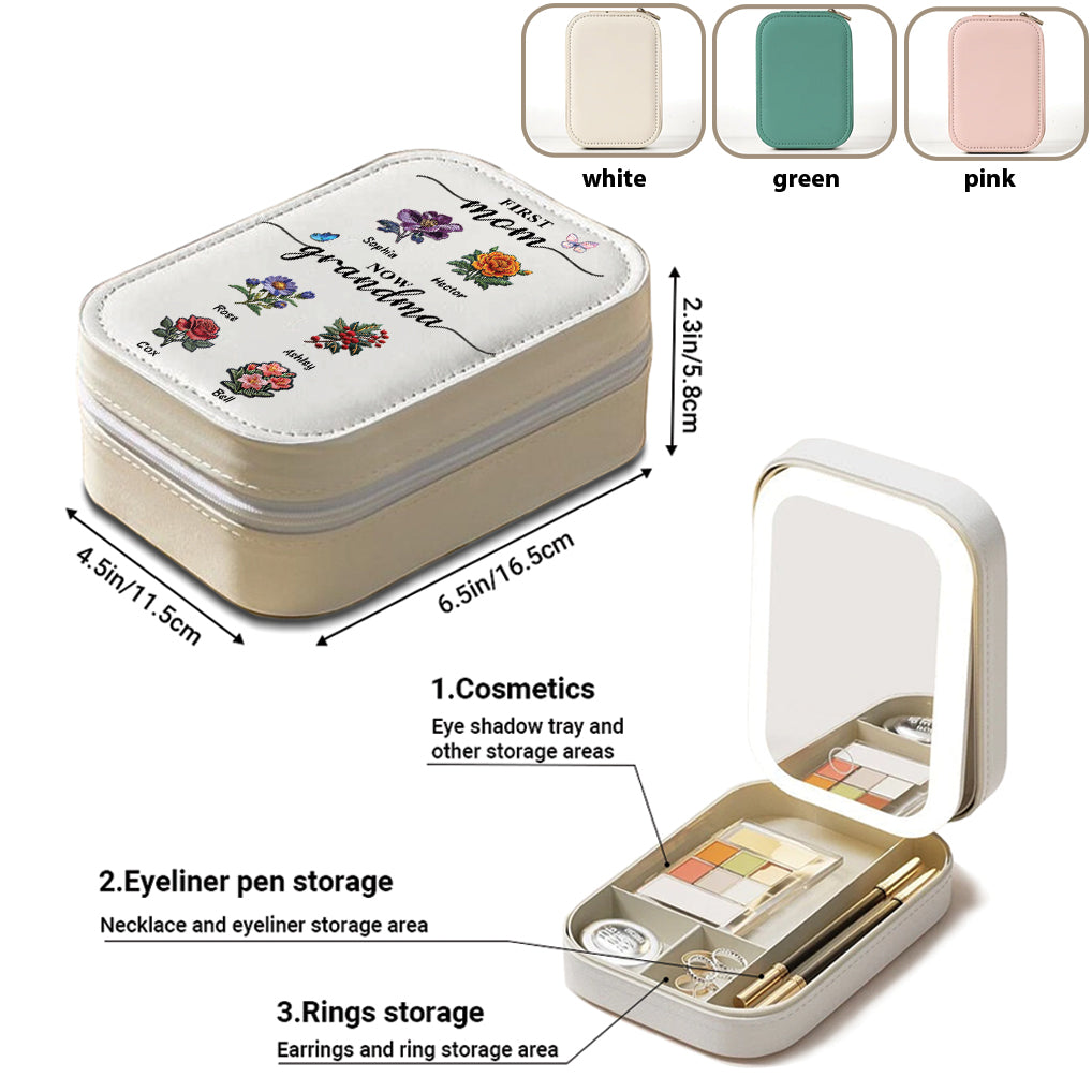 Première maman, maintenant grand-mère - Coffret à bijoux personnalisé pour grand-mère avec miroir LED