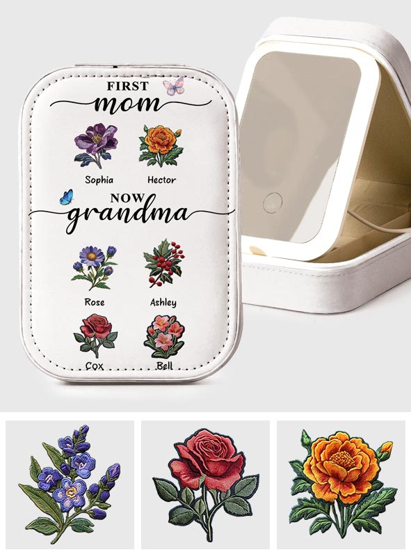 Première maman, maintenant grand-mère - Coffret à bijoux personnalisé pour grand-mère avec miroir LED
