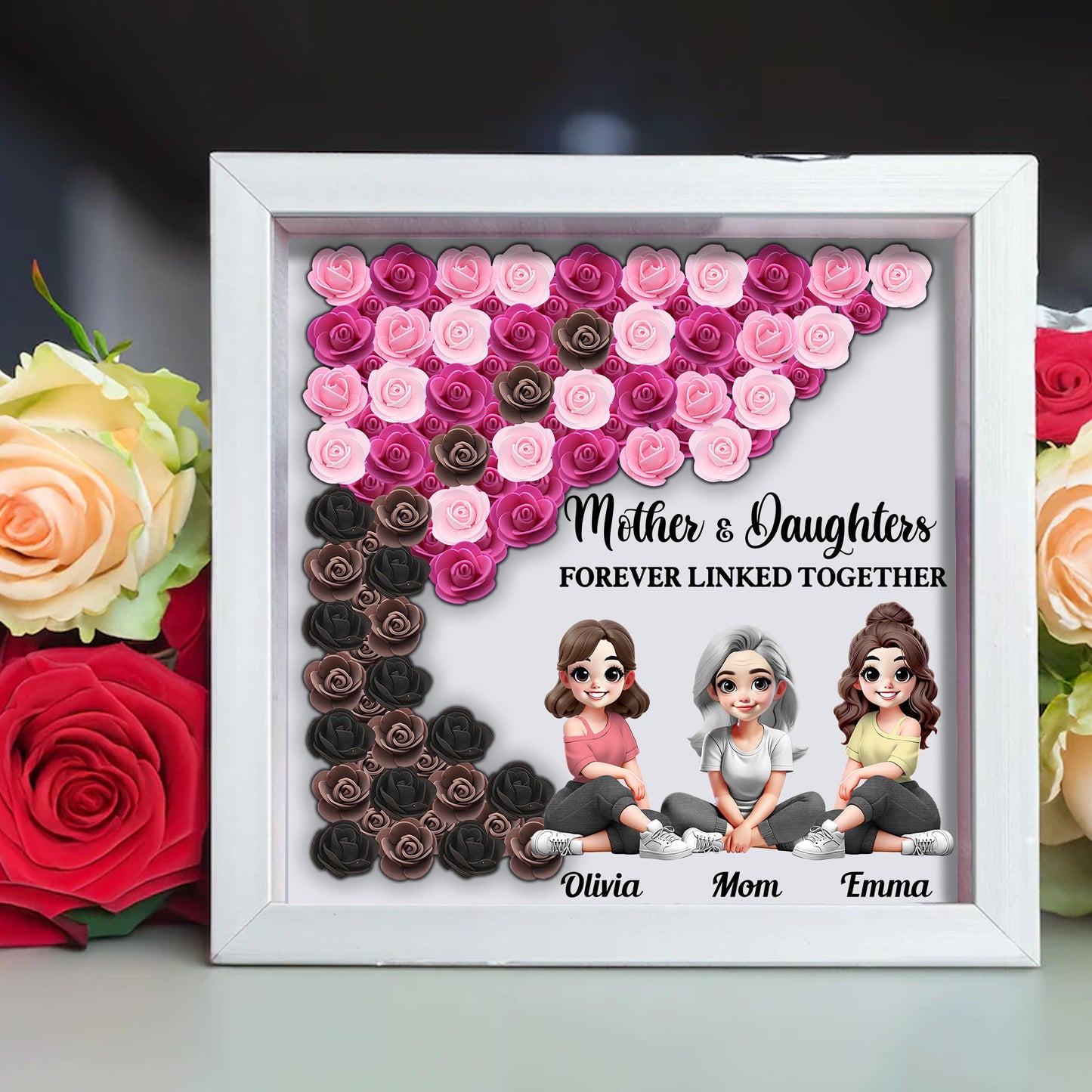 Mother and Daughter Forever Linked Together - Personalized Mother Custom Shaped Flower Shadow Box