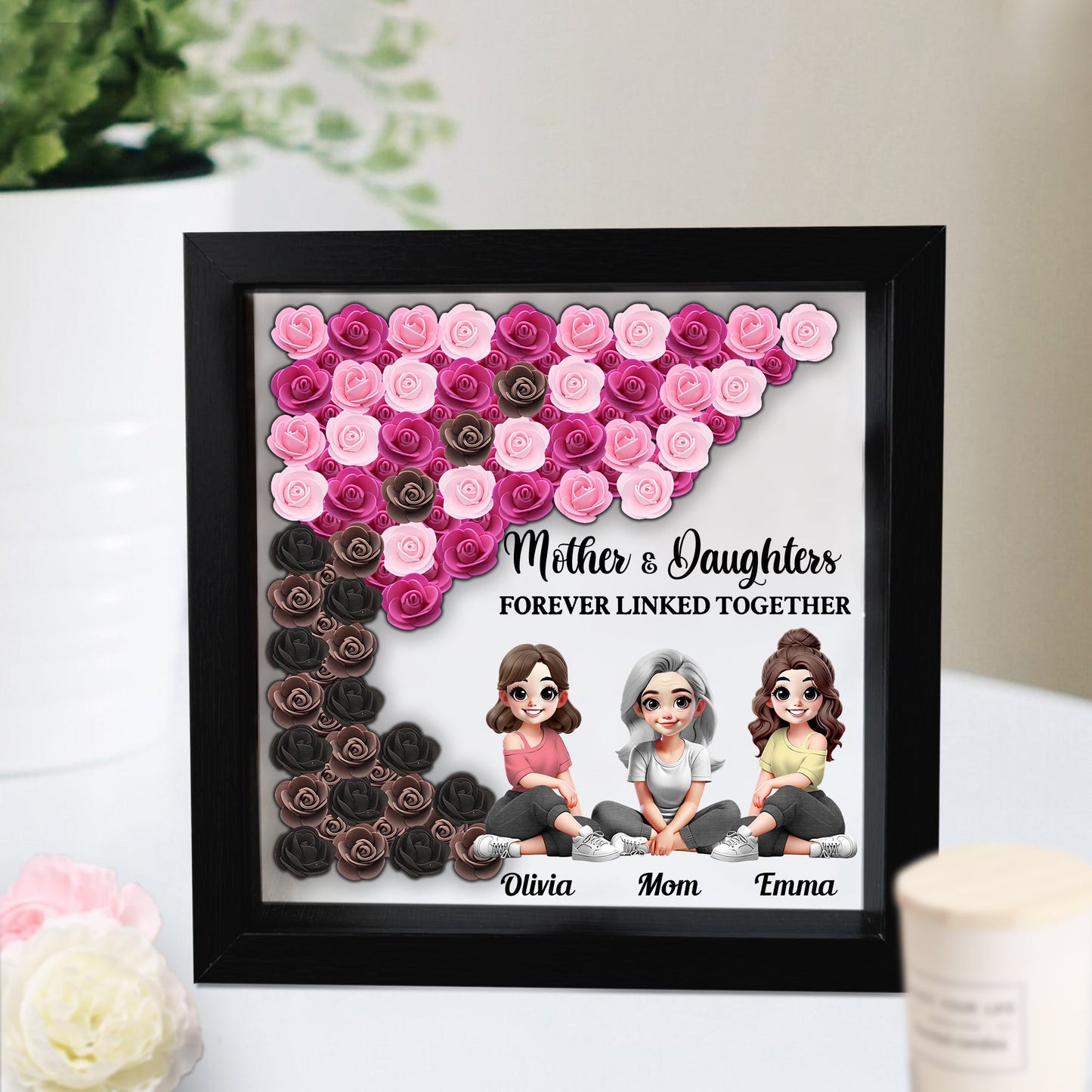 Mother and Daughter Forever Linked Together - Personalized Mother Custom Shaped Flower Shadow Box