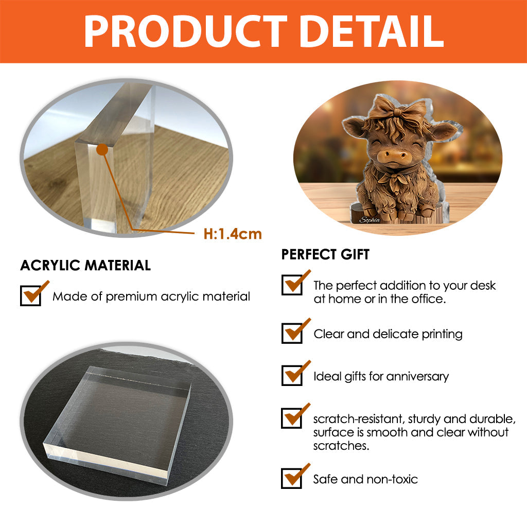 Vache des Highlands mignonne - Plaque acrylique personnalisée en forme de vache des Highlands
