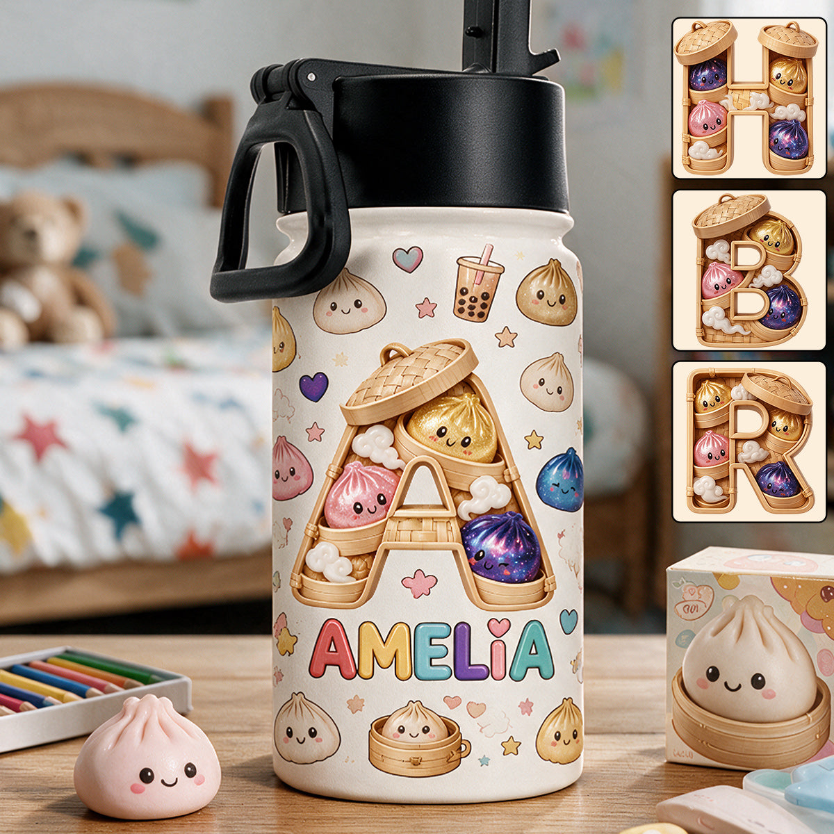 Bouteille d'eau personnalisée pour enfants - Alphabet Dumpling mignon et amusant