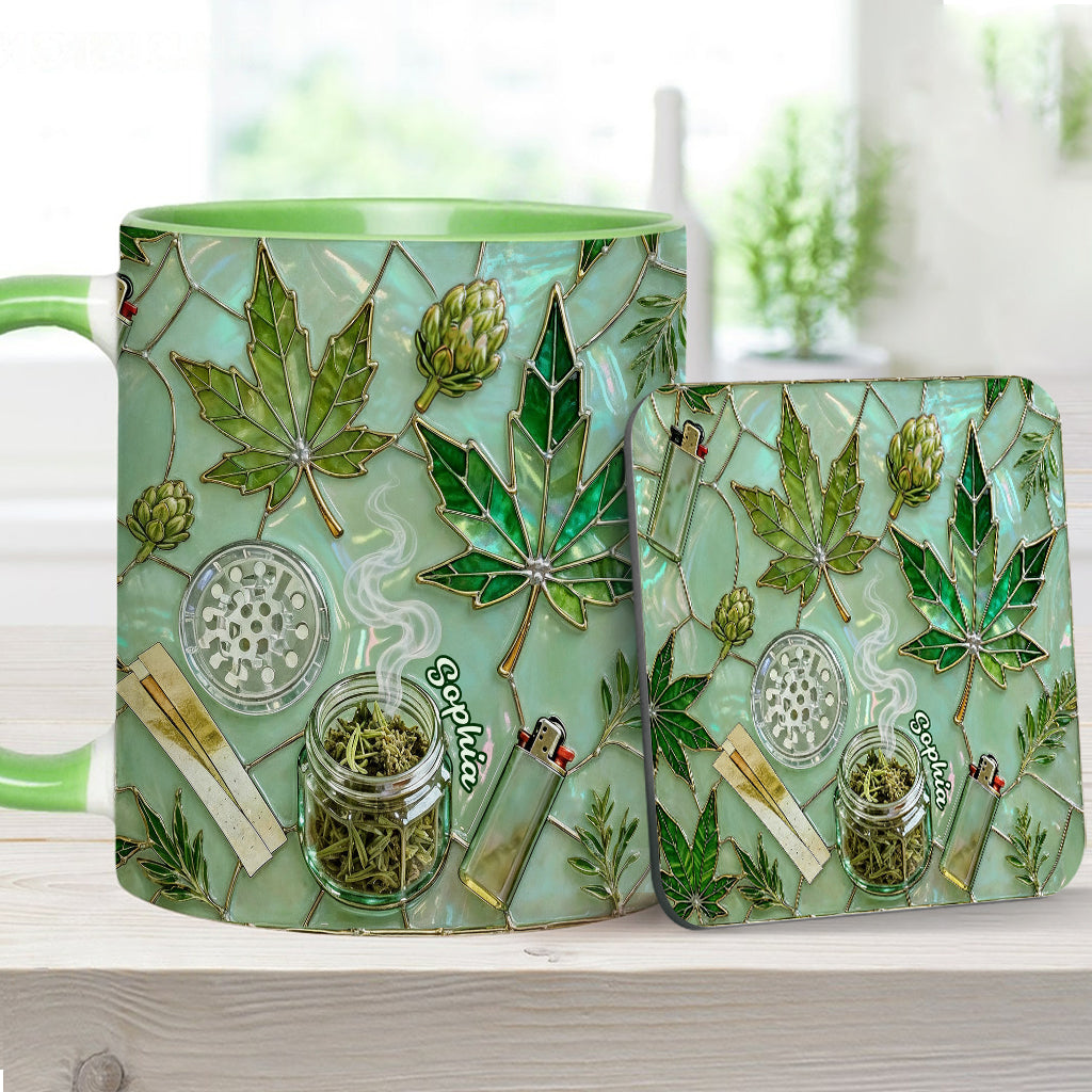 Feuille de magie verte - Mug et sous-verre personnalisés avec motif cannabis