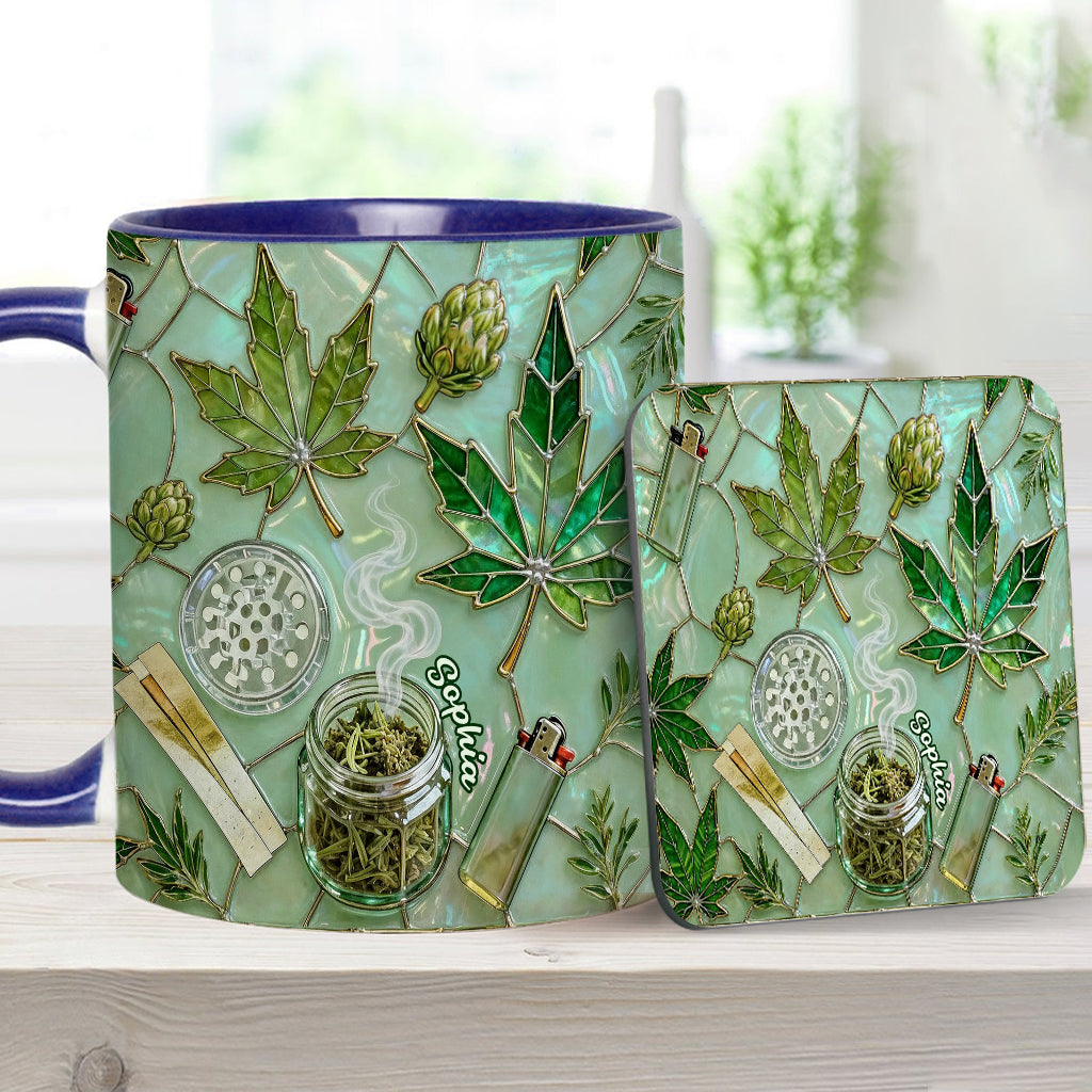 Feuille de magie verte - Mug et sous-verre personnalisés avec motif cannabis