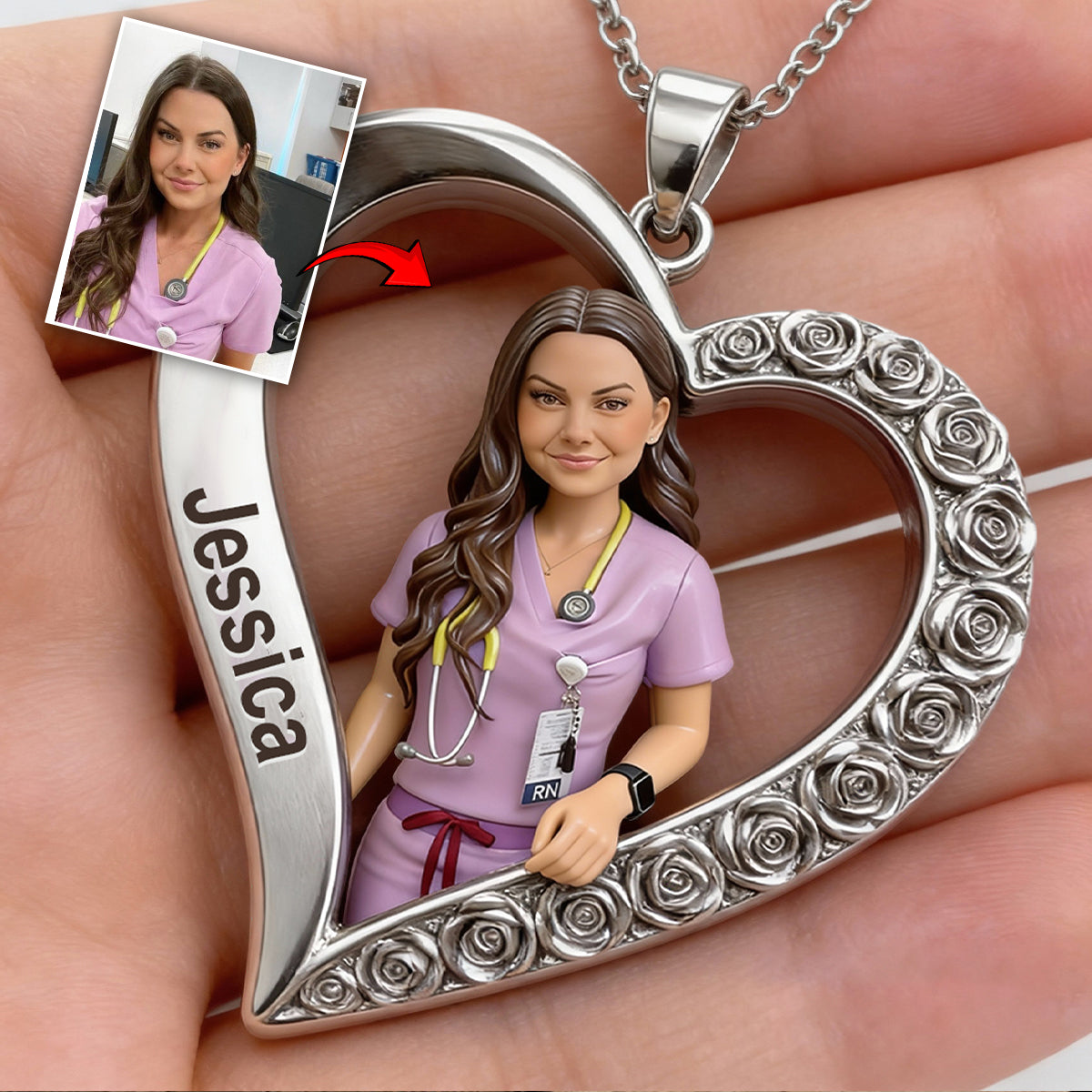 Collier pendentif personnalisé en métal en forme d'infirmière, réalisé à partir de n'importe quelle photo