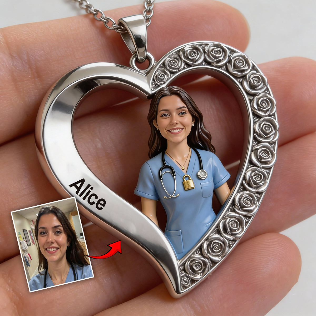Collier pendentif personnalisé en métal en forme d'infirmière, réalisé à partir de n'importe quelle photo