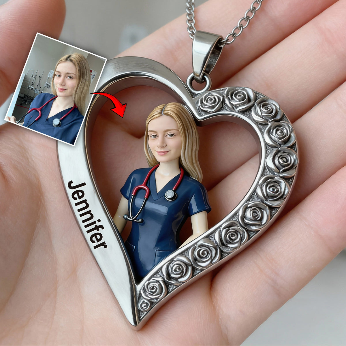 Collier pendentif personnalisé en métal en forme d'infirmière, réalisé à partir de n'importe quelle photo