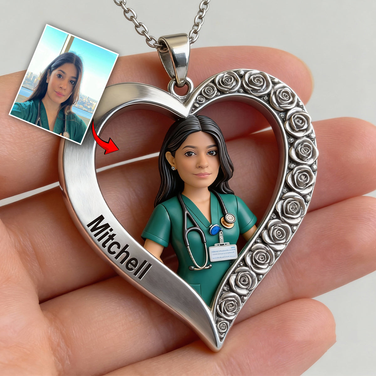 Collier pendentif personnalisé en métal en forme d'infirmière, réalisé à partir de n'importe quelle photo