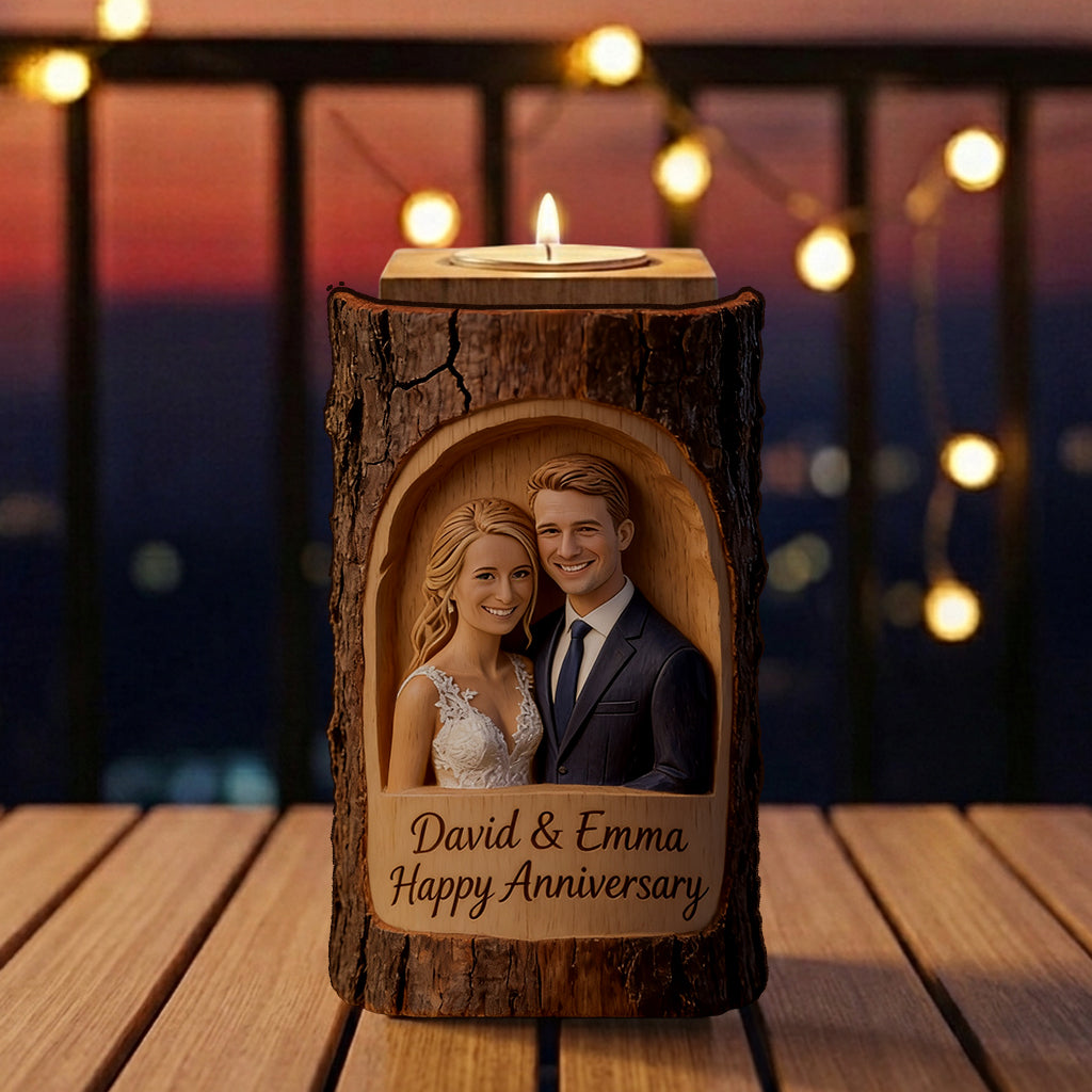 Cadeau Couple Photo Personnalisé - Porte-bougie en Bois Personnalisé