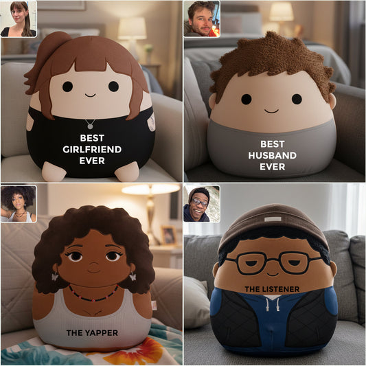 Coussin Squishmallow personnalisé avec photo pour couple - Cadeau idéal pour votre meilleur ami ou votre meilleure amie - Coussin en fausse fourrure personnalisé en forme de couple