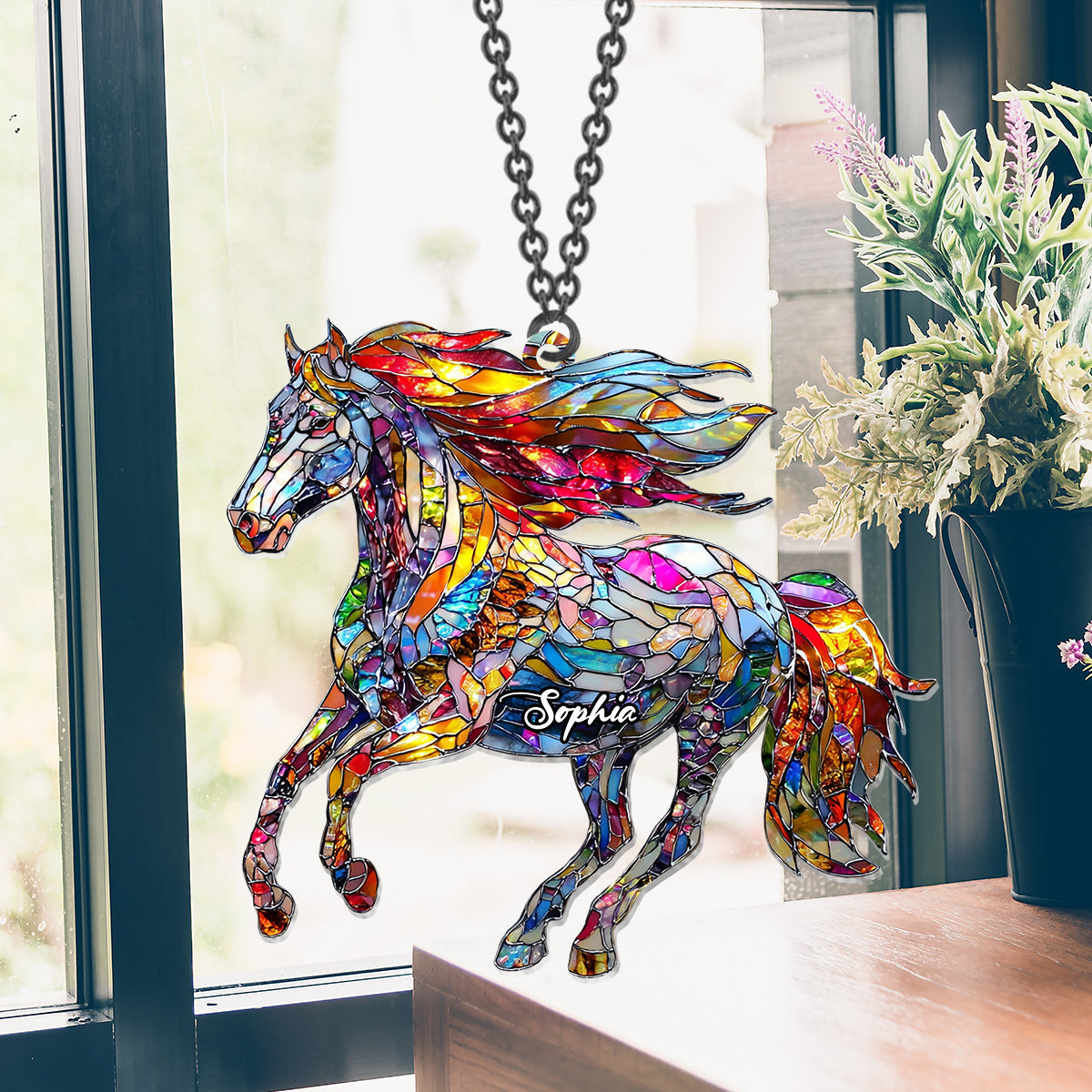 Un cheval aime la liberté - Décoration attrape-soleil personnalisée à suspendre à la fenêtre, en forme de cheval 