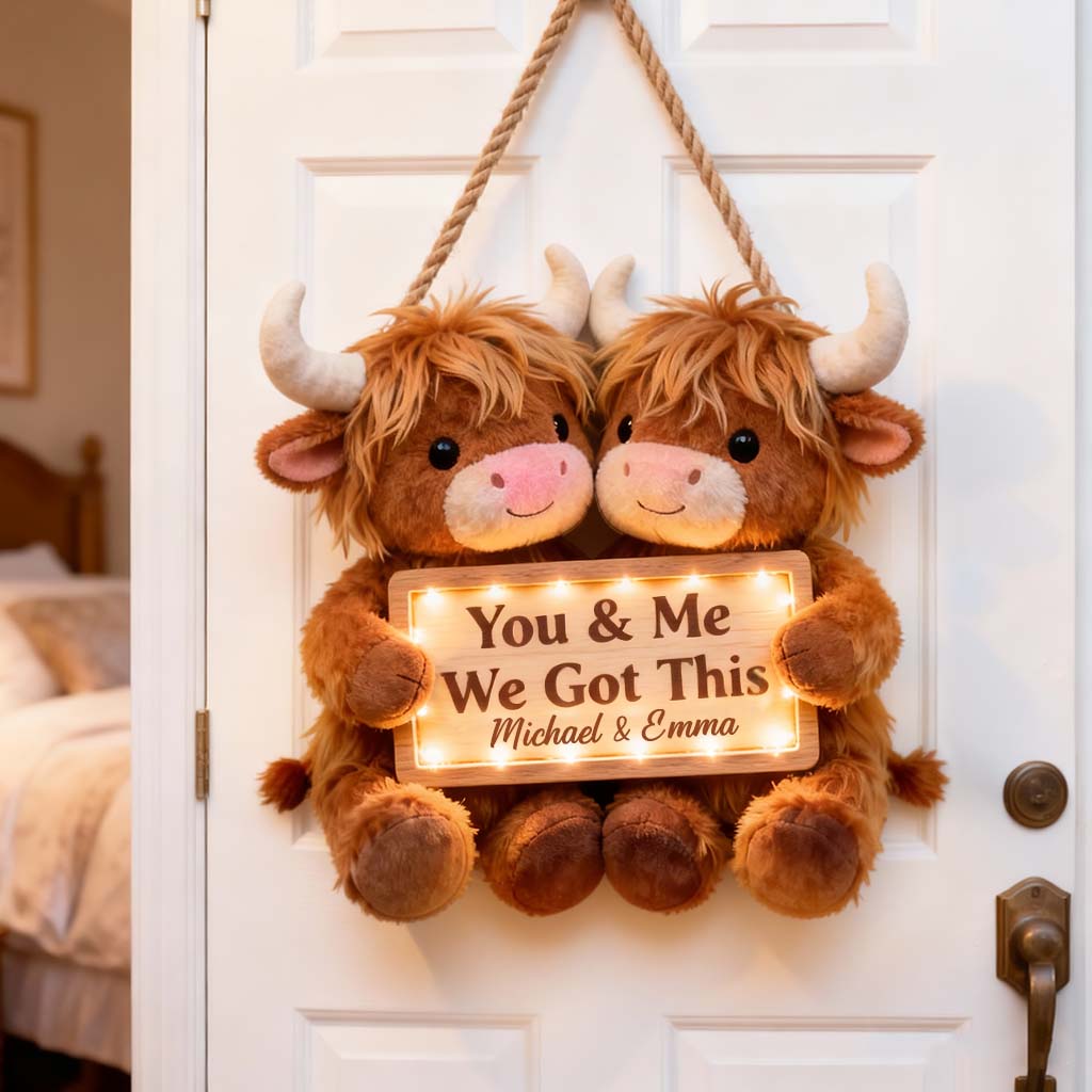 Toi et moi, on gère ! - Panneau lumineux LED personnalisé en acrylique représentant une vache des Highlands