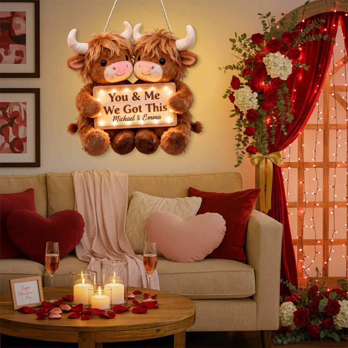 Toi et moi, on gère ! - Panneau lumineux LED personnalisé en acrylique représentant une vache des Highlands