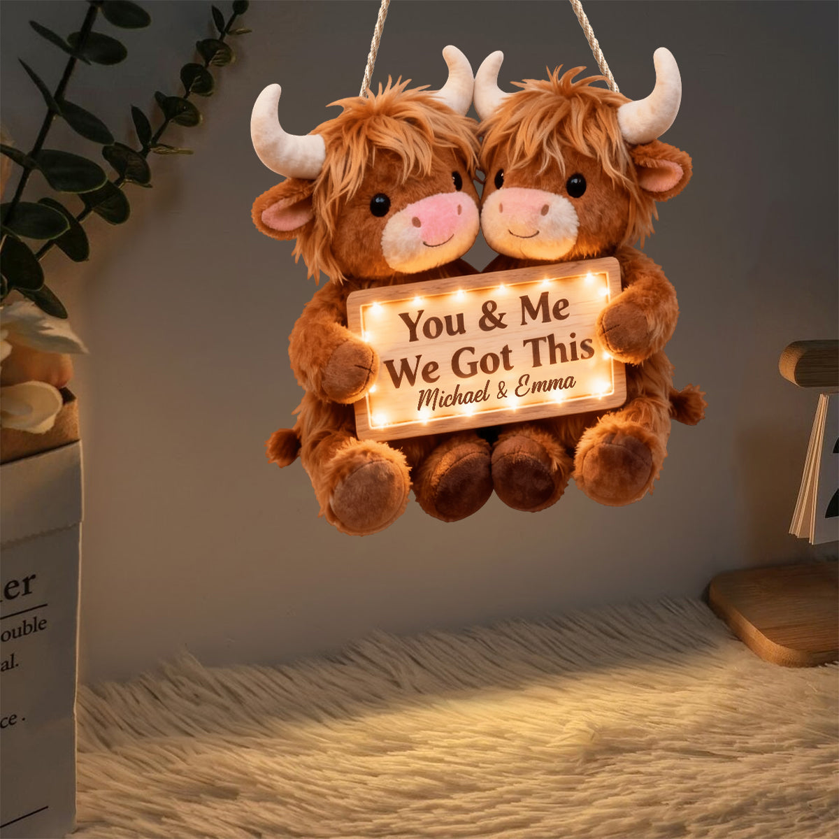 Toi et moi, on gère ! - Panneau lumineux LED personnalisé en acrylique représentant une vache des Highlands