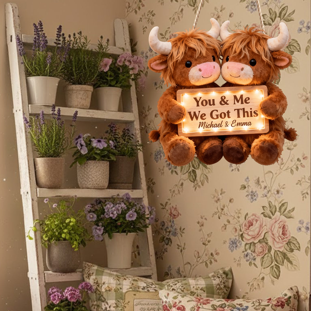 Toi et moi, on gère ! - Panneau lumineux LED personnalisé en acrylique représentant une vache des Highlands