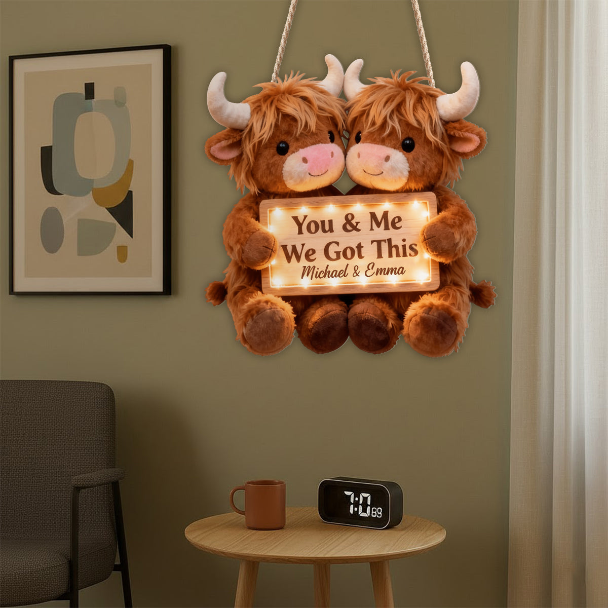 Toi et moi, on gère ! - Panneau lumineux LED personnalisé en acrylique représentant une vache des Highlands