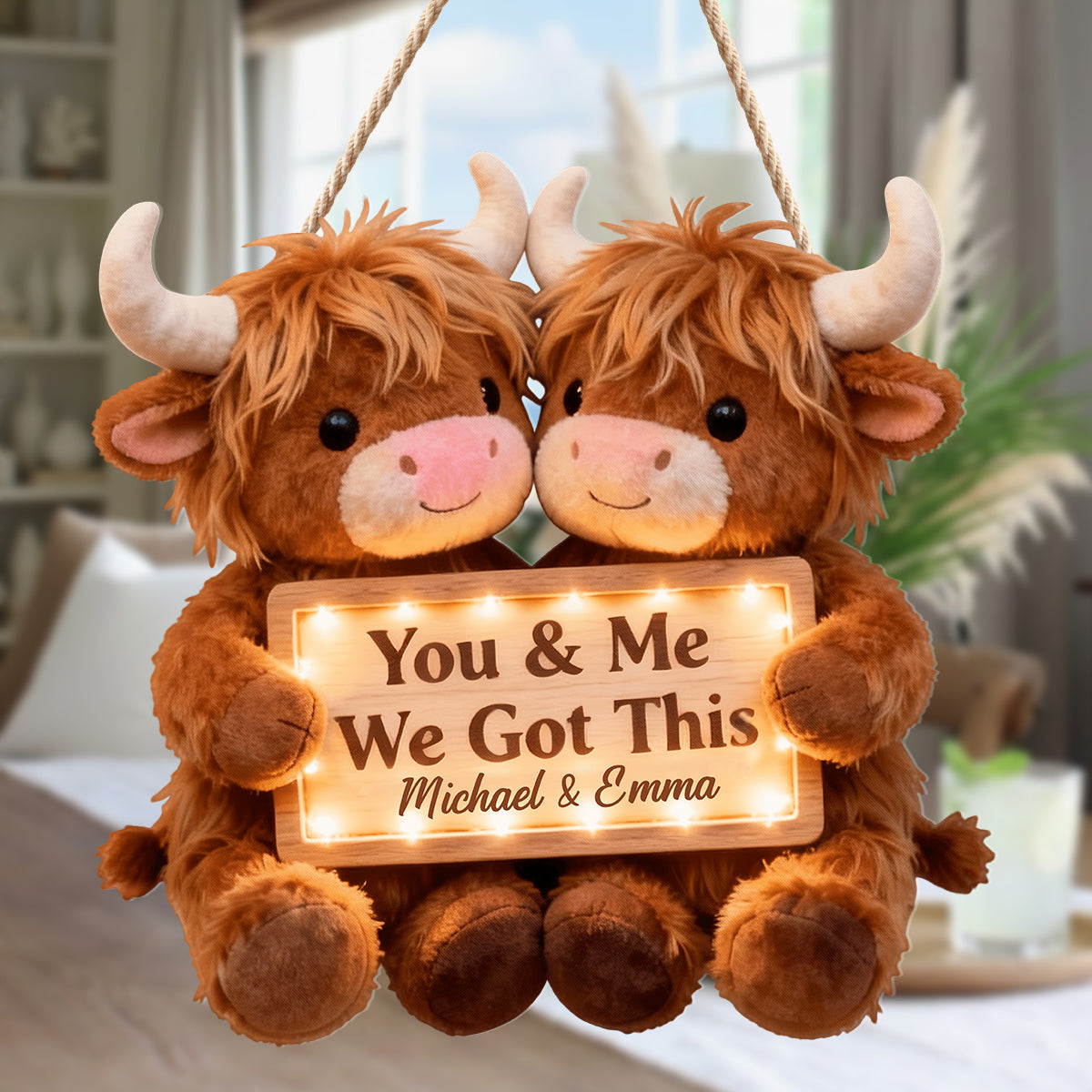 Toi et moi, on gère ! - Panneau lumineux LED personnalisé en acrylique représentant une vache des Highlands