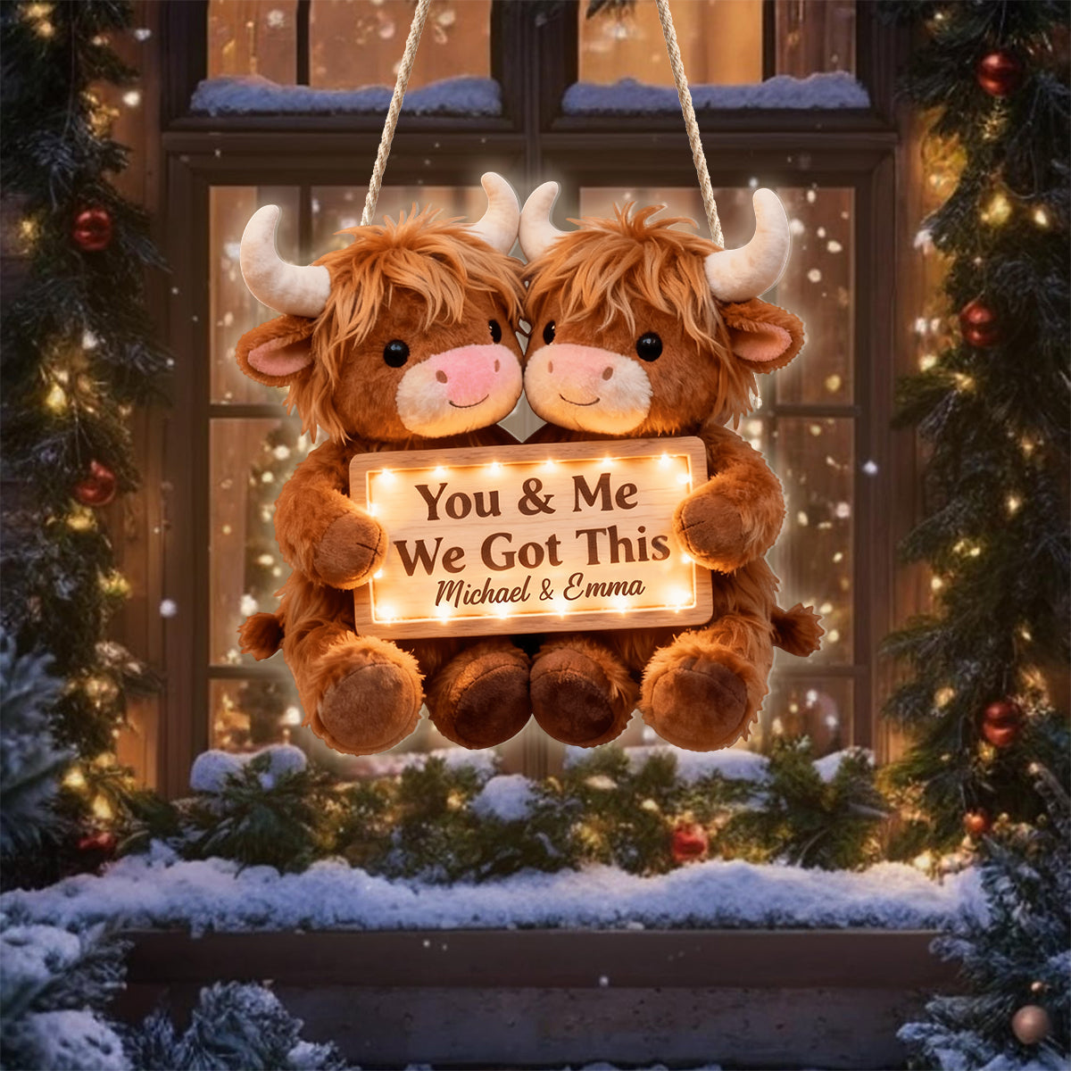 Toi et moi, on gère ! - Panneau lumineux LED personnalisé en acrylique représentant une vache des Highlands
