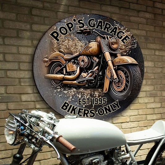 Garage réservé aux motards - Panneau métallique rond personnalisé pour motards
