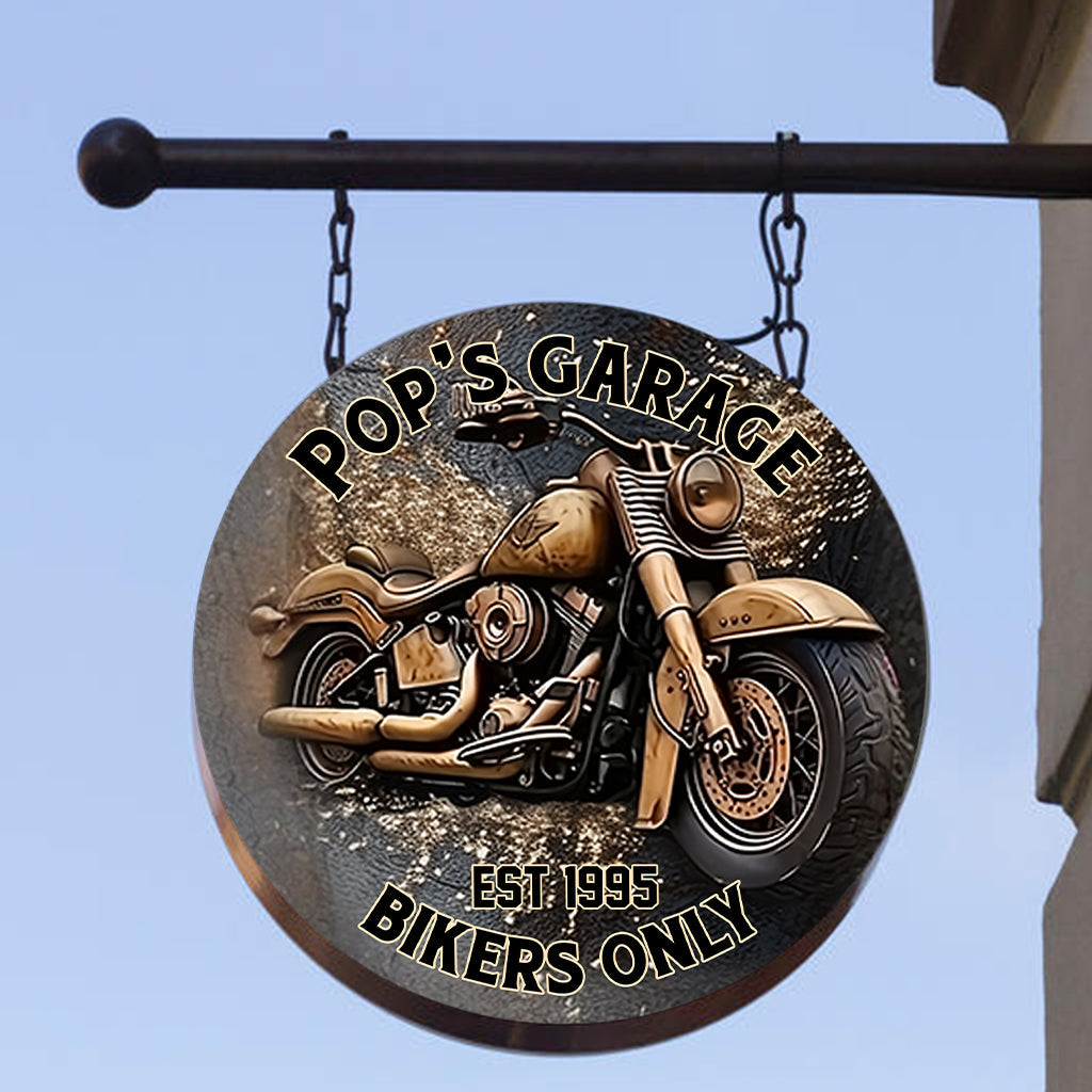 Garage réservé aux motards - Panneau métallique rond personnalisé pour motards