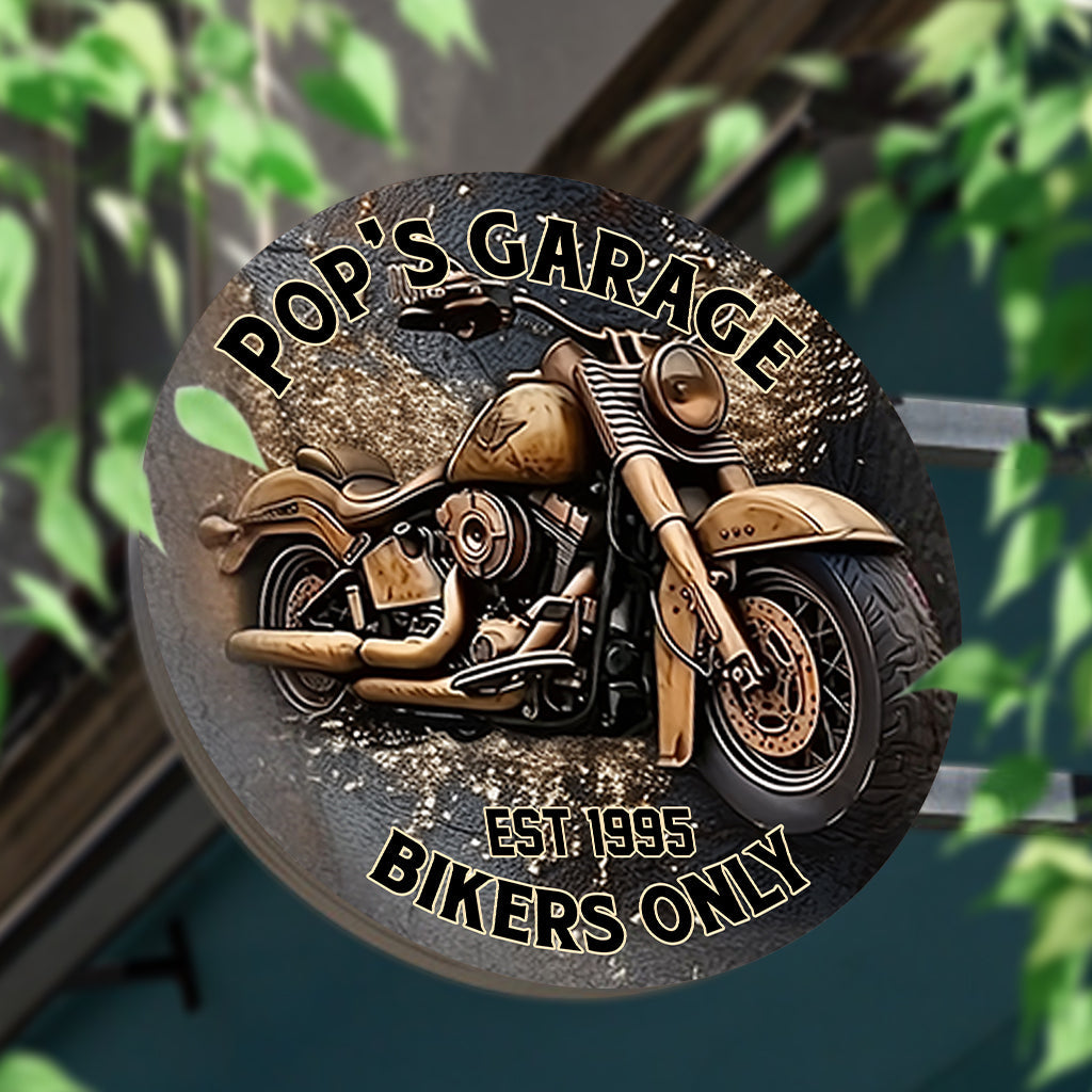 Garage réservé aux motards - Panneau métallique rond personnalisé pour motards