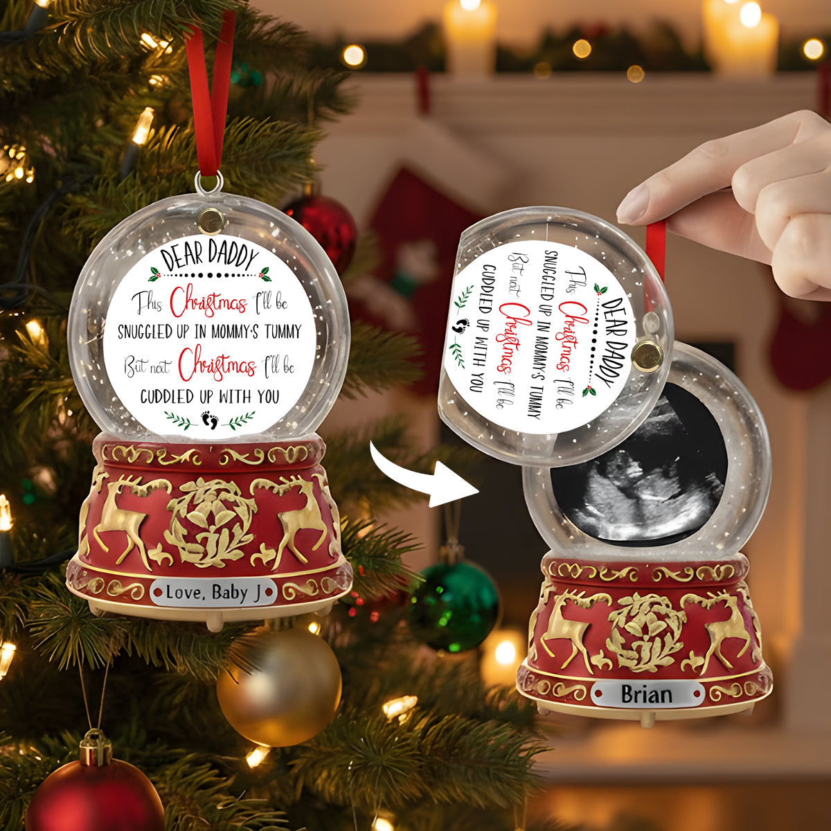 Amour du ventre rond - Cadeau idéal pour le futur papa - Boîte à musique boule de neige en cristal - Ornement de grossesse personnalisé