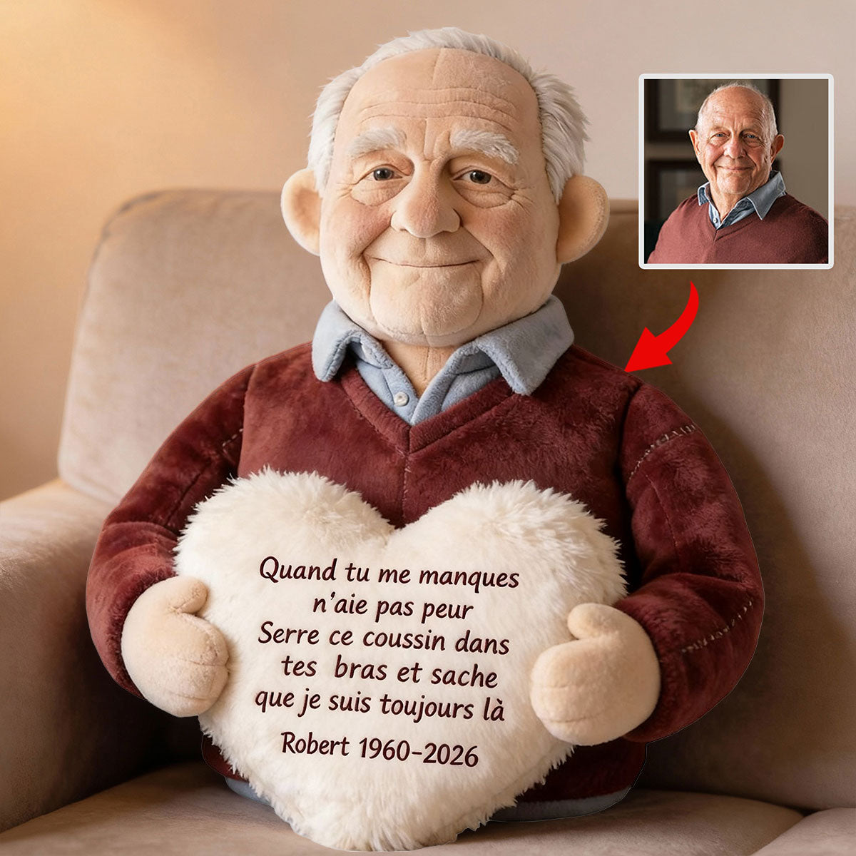 Coussin commémoratif personnalisé à partir d'une photo - Almohada Conmemorativa Personalizada de Piel Sintética Premium