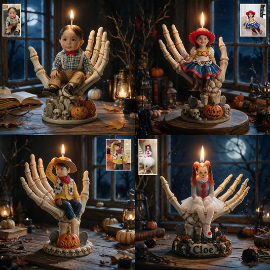 Photographie Personnalisée, Halloween Squelette - Bougeoir en Bois Personnalisé pour Enfants