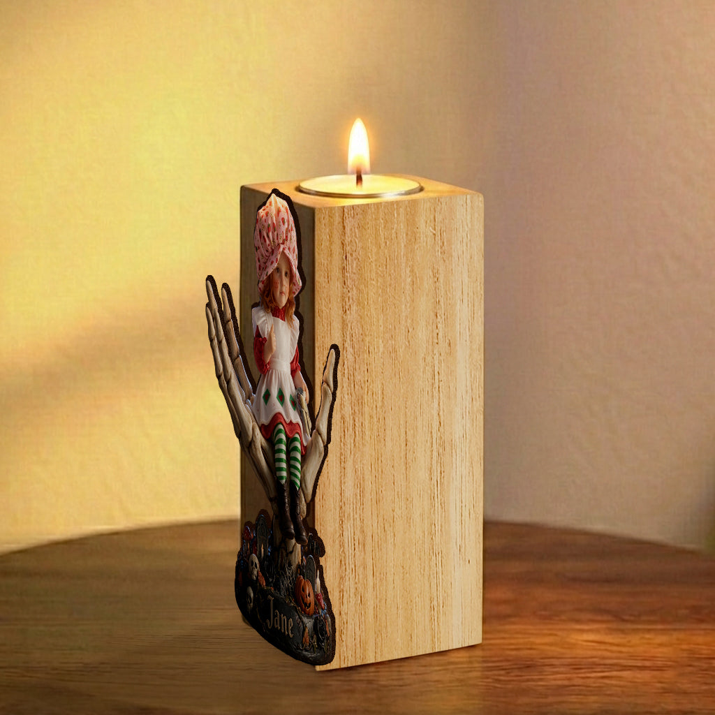 Custom Any Photo, Skeleton Halloween - Personalized Kid Custom Shape Wooden Candle Holder