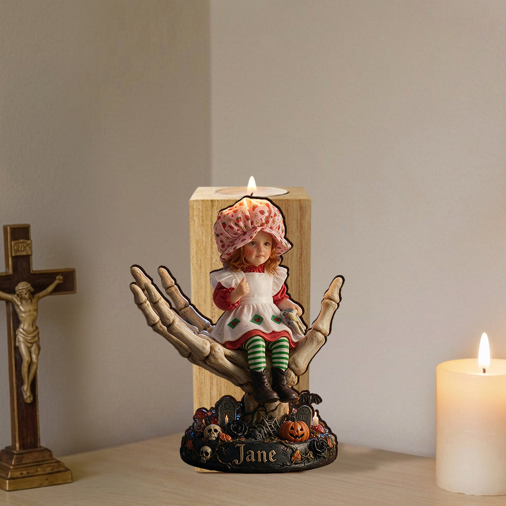 Custom Any Photo, Skeleton Halloween - Personalized Kid Custom Shape Wooden Candle Holder
