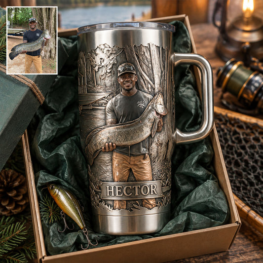 Fisherman With Big Fish - Personalized Fishing Tumbler With Handle