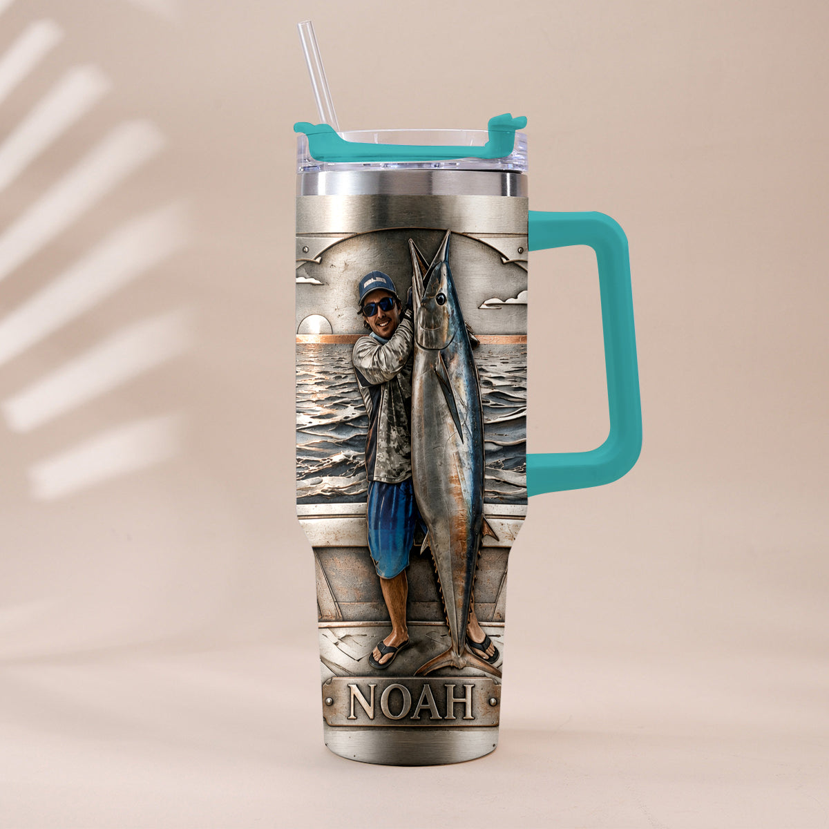 Fisherman With Big Fish - Personalized Fishing Tumbler With Handle