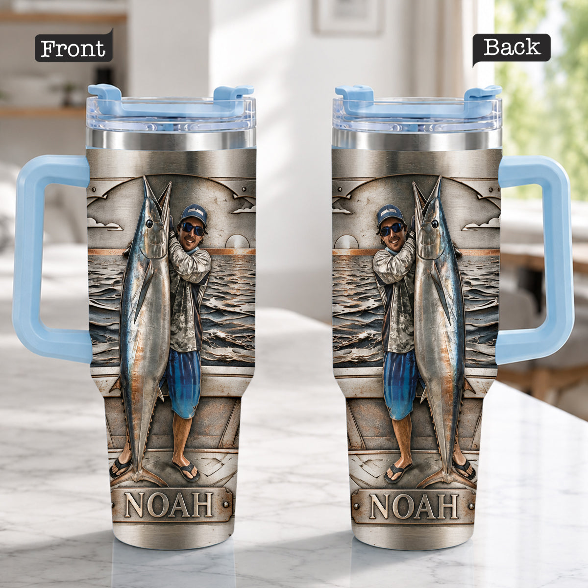 Fisherman With Big Fish - Personalized Fishing Tumbler With Handle
