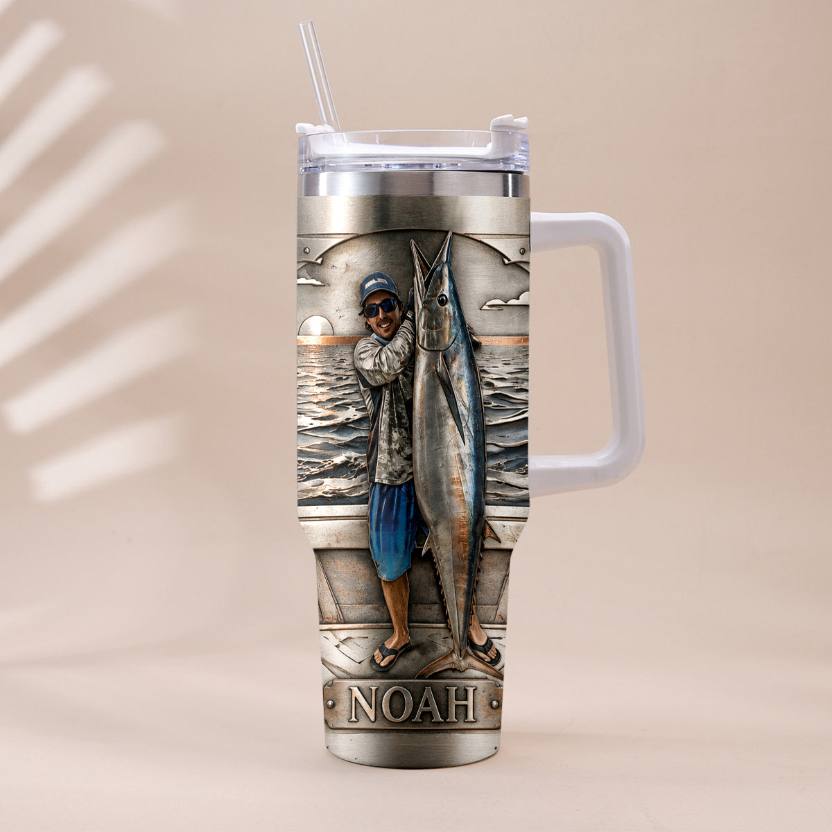 Fisherman With Big Fish - Personalized Fishing Tumbler With Handle