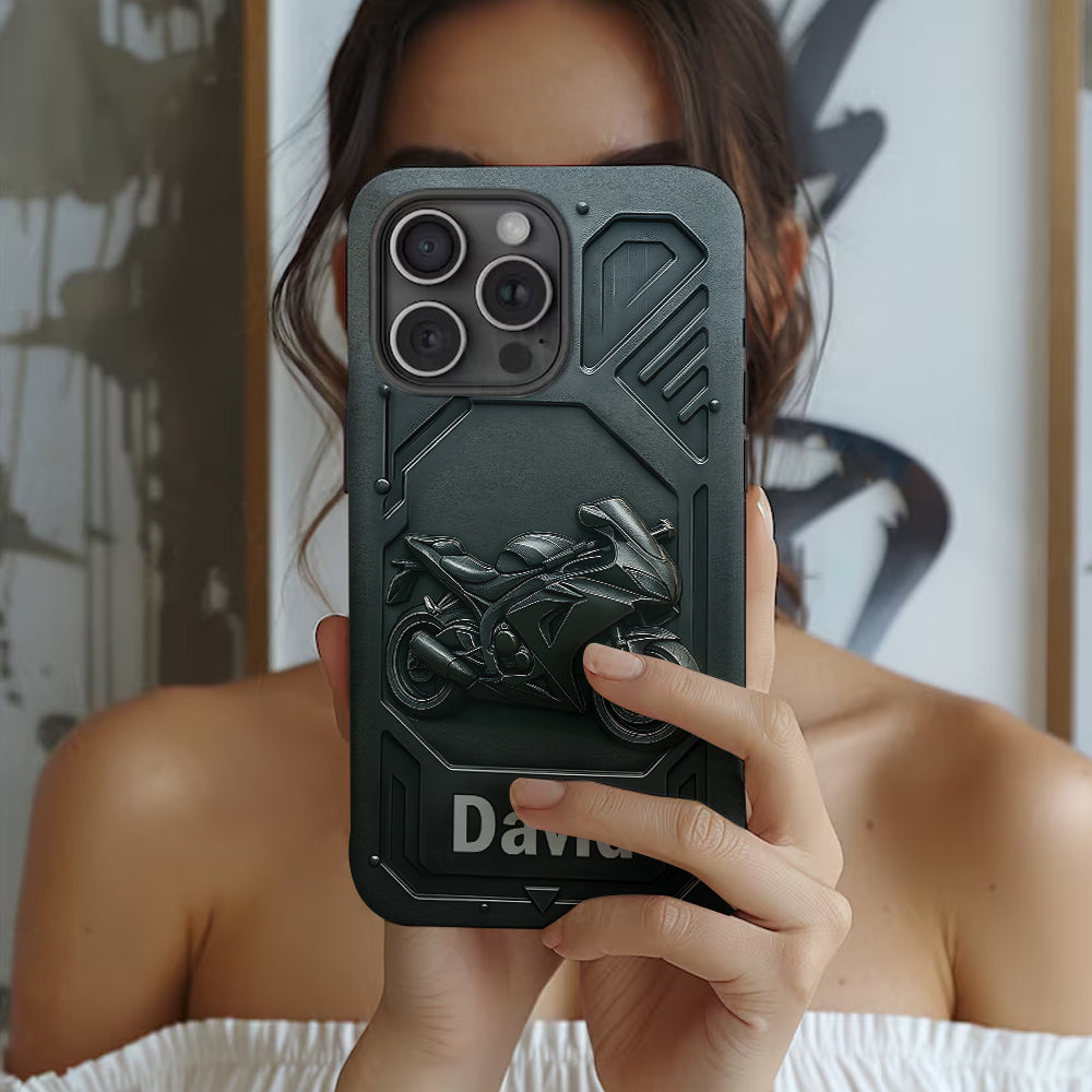 Coque de téléphone personnalisée pour motard, style cruiser/sportif, avec impression intégrale.