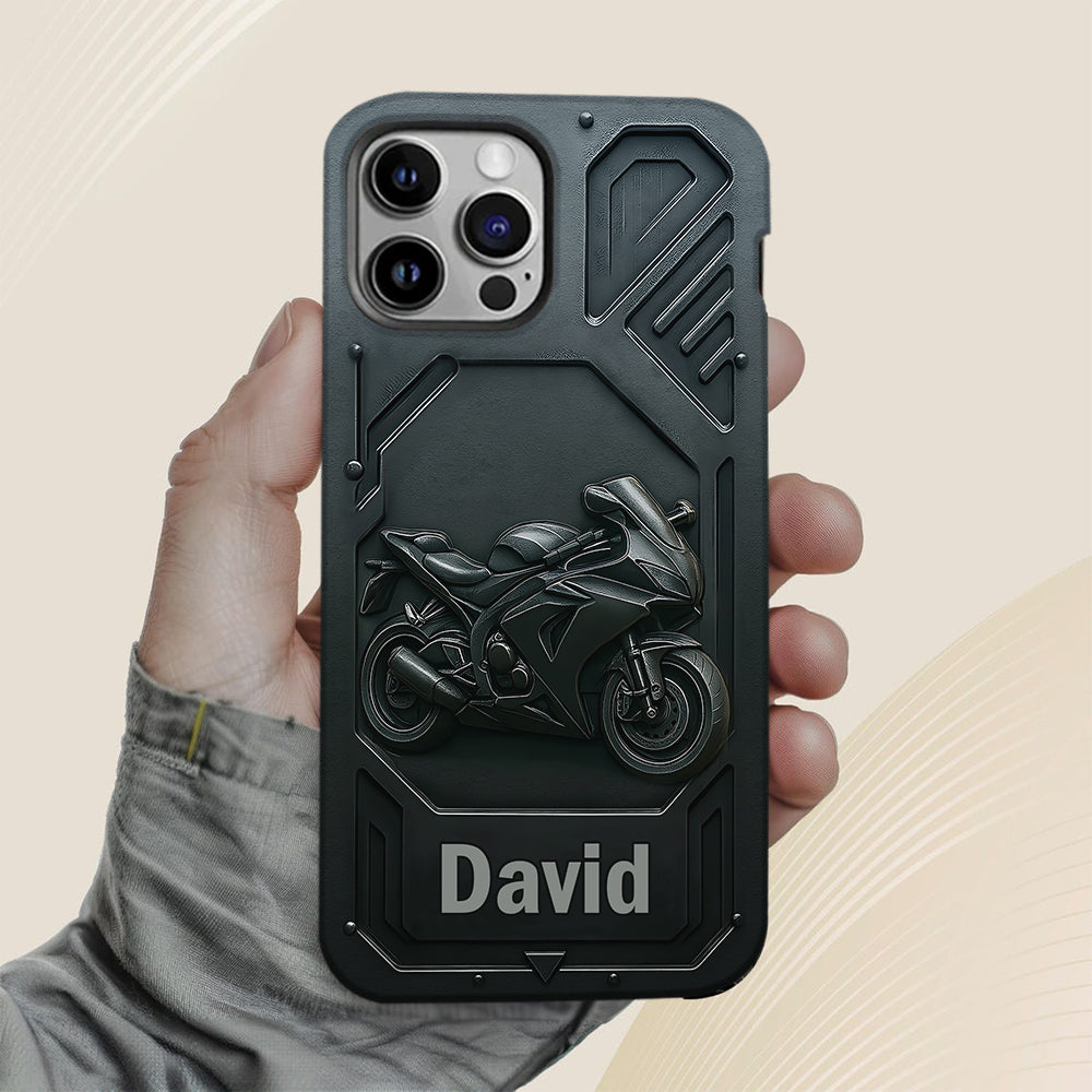 Coque de téléphone personnalisée pour motard, style cruiser/sportif, avec impression intégrale.
